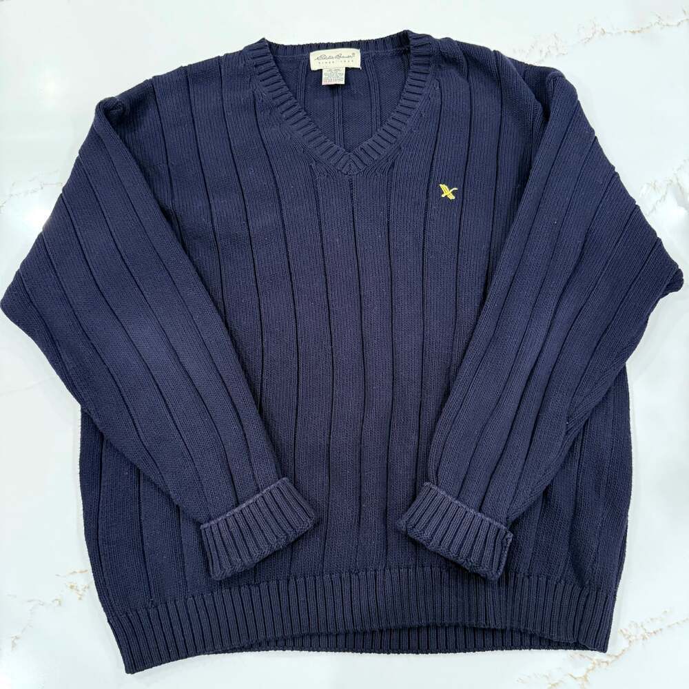 Eddie Bauer Men’s Navy Blue Ribbed V-Neck Sweater XL 100% Cotton Vintage